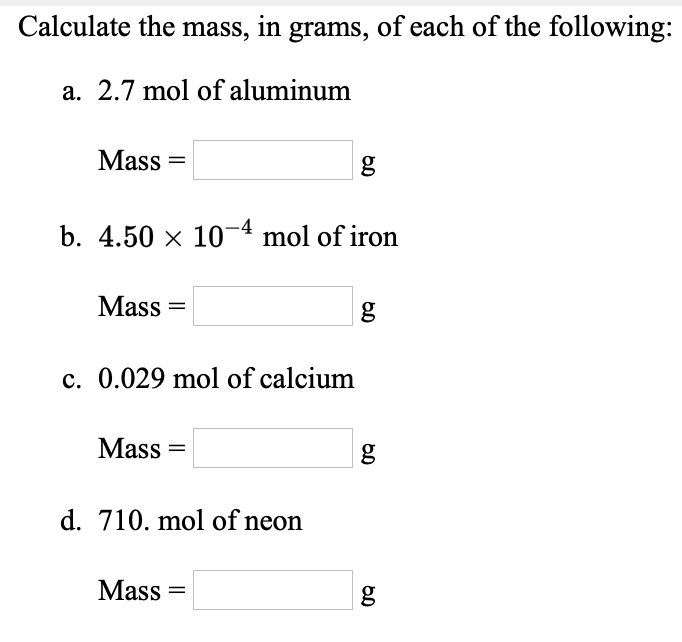 Solved Calculate The Mass In Grams Of Each Of The 2008