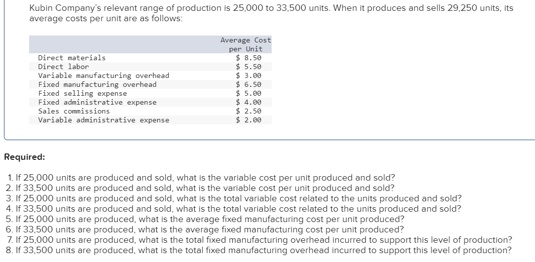 Solved Kubin Company's relevant range of production is | Chegg.com