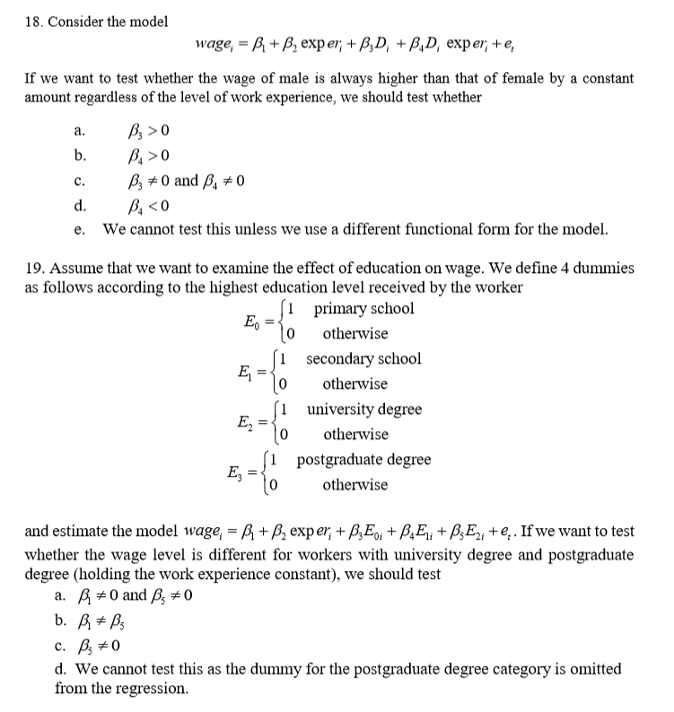 Solved 17. Consider The Model Wage, = B. + B2 Exper; + B,D, | Chegg.com