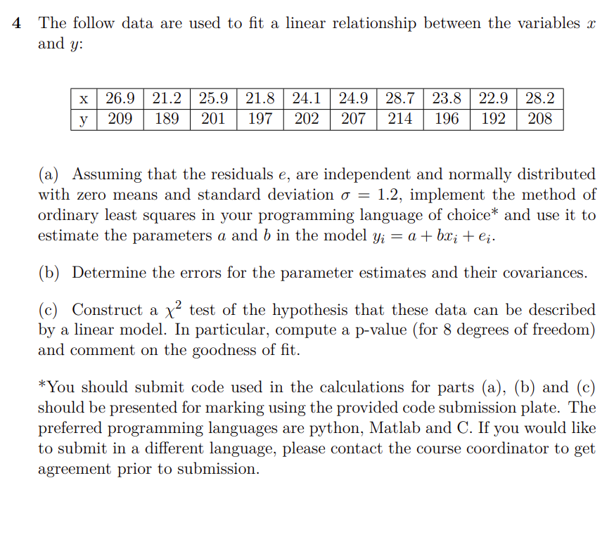 Solved 4. The follow data are used to fit a linear | Chegg.com