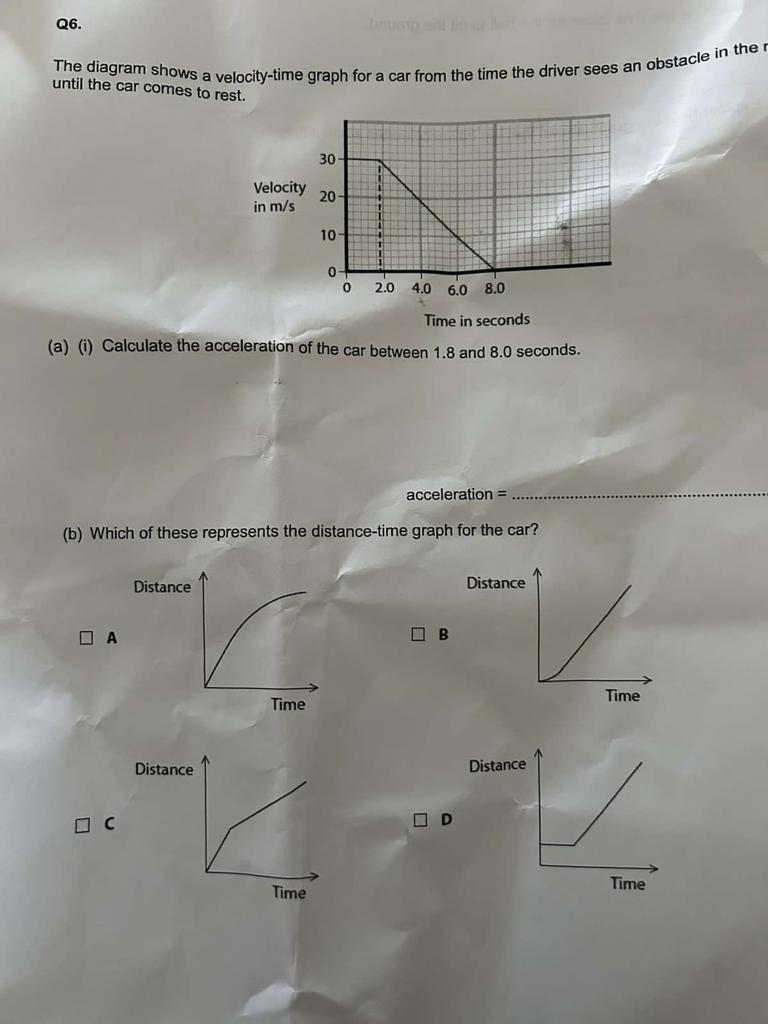 Solved The diagram shows a velocity-time graph for a car | Chegg.com