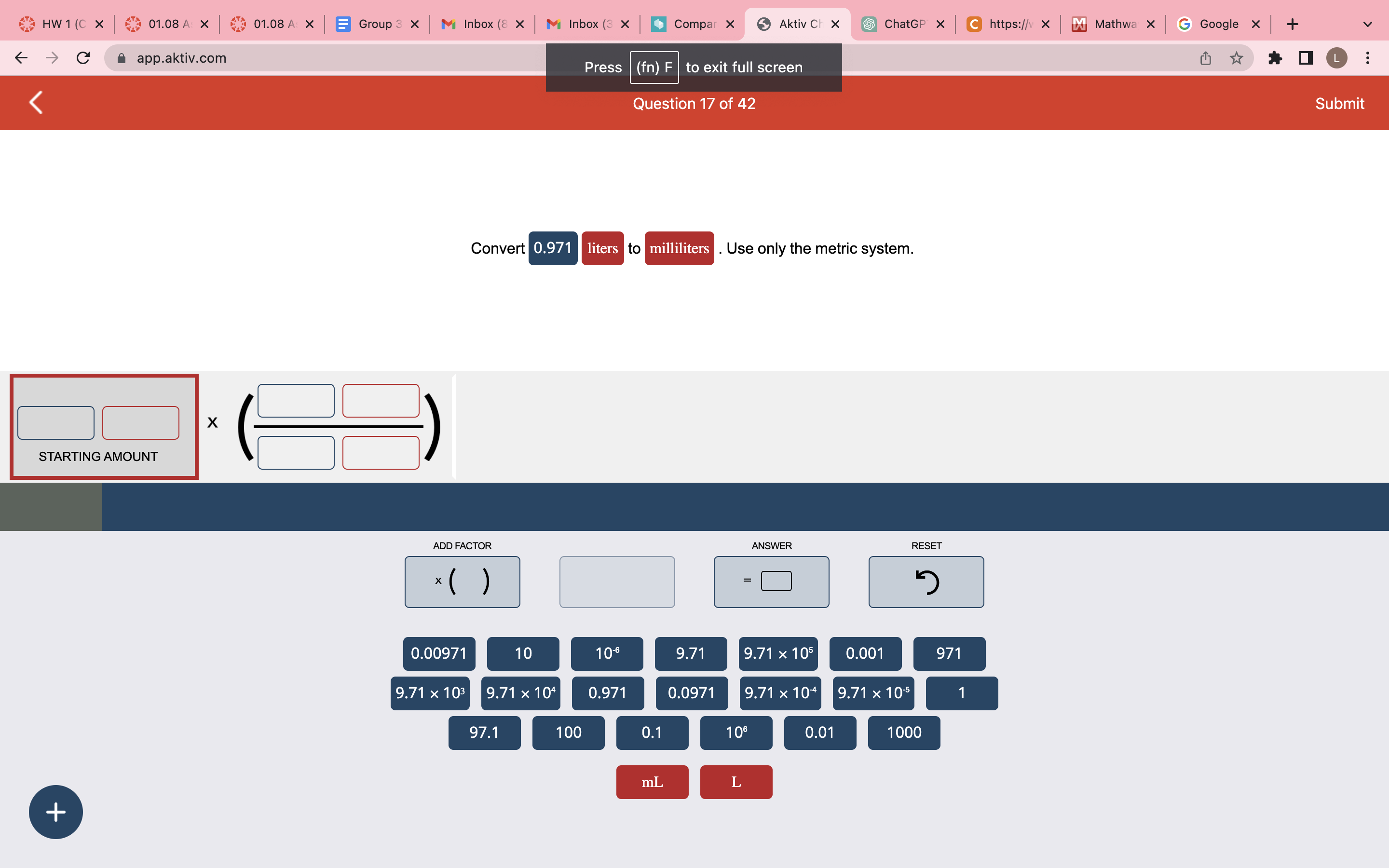 Convert 0.971 ﻿liters to milliliters . ﻿Use only the | Chegg.com