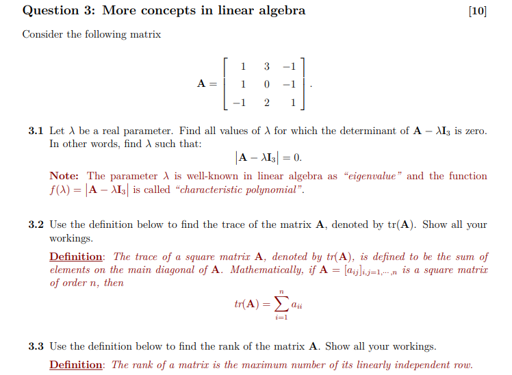 Solved Question 3: More concepts in linear algebra \\( [10] | Chegg.com