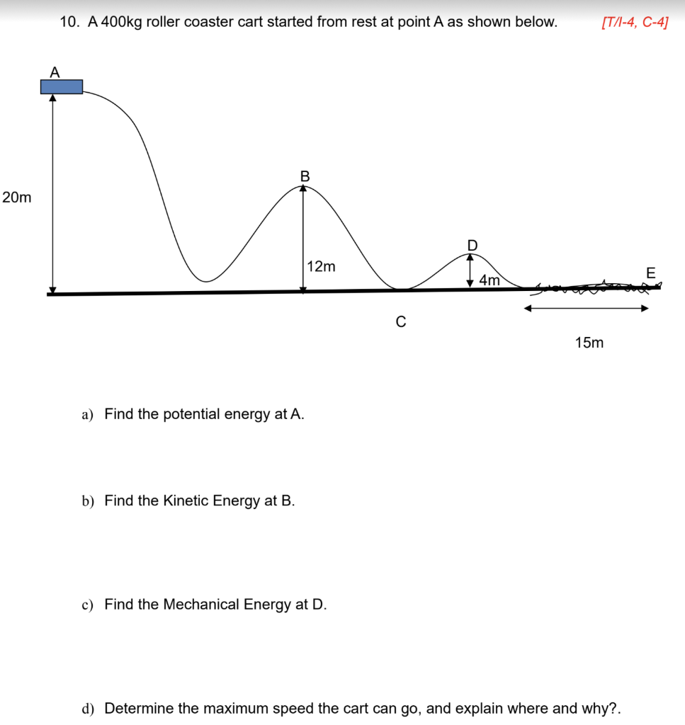 Solved 10. A 400 kg roller coaster cart started from rest at