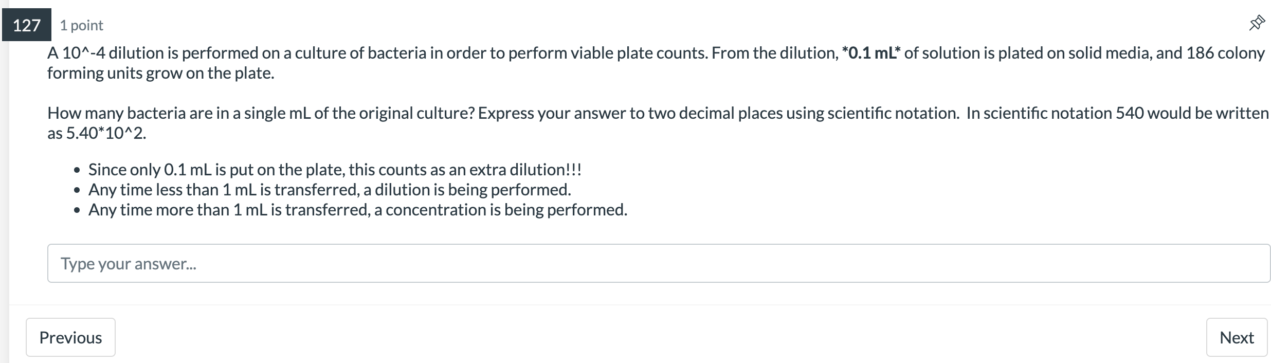 Solved 127 1 point A 10^-4 dilution is performed on a | Chegg.com