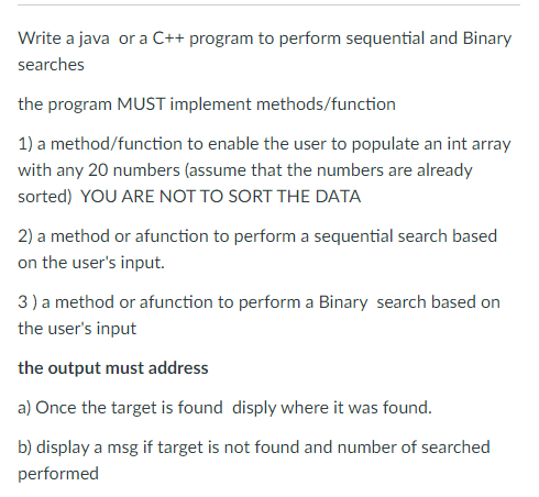 Solved searches the program MUST implement methods/function | Chegg.com