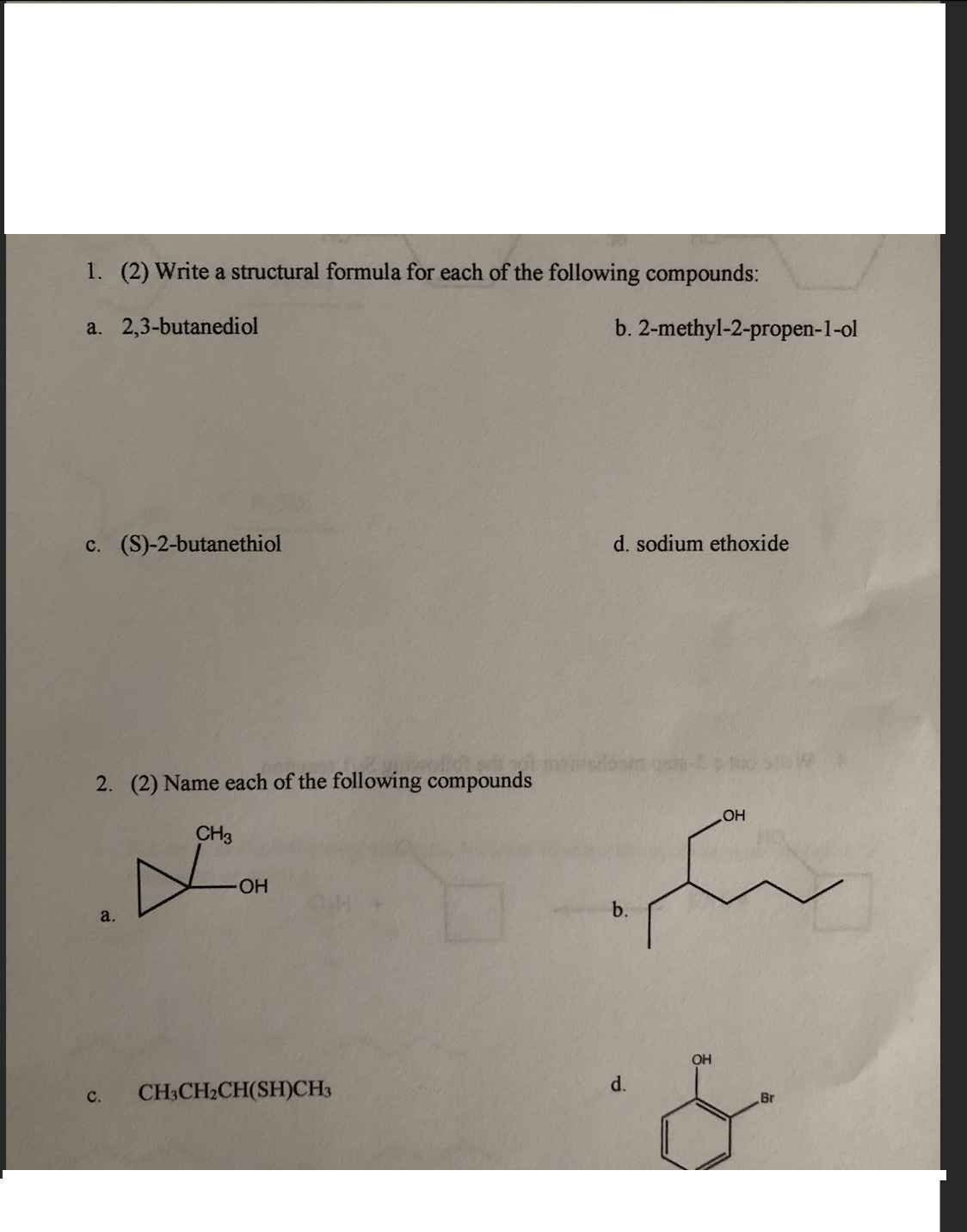 Solved 1 2 write a structural formula for each of the chegg