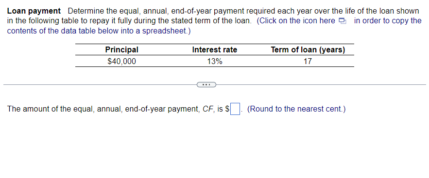 Solved Loan payment Determine the equal, annual, end-of-year | Chegg.com