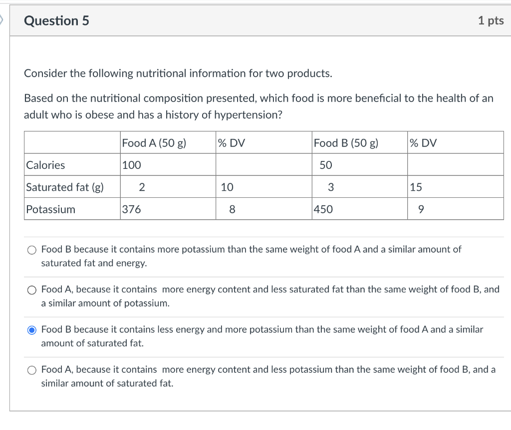 Solved Question 5 1 Pts Consider The Following Nutritional | Chegg.com