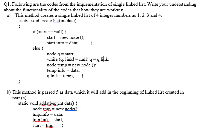 Solved Q1. Following are the codes from the implementation | Chegg.com