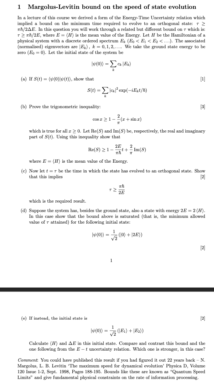 Solved 1 Margolus-Levitin bound on the speed of state | Chegg.com