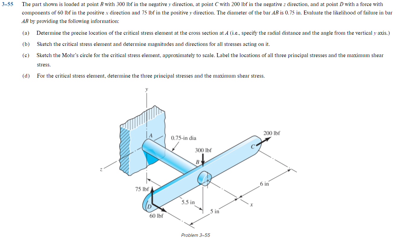 Solved 3-55 The part shown is loaded at point B with 300 lbf | Chegg.com