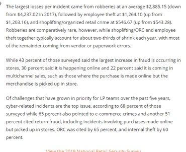 Solved According to the 2019 National Retail Security Survey | Chegg.com