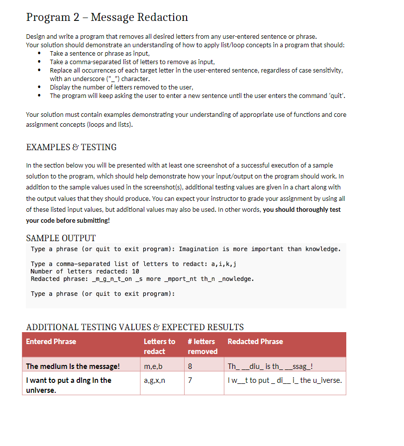 Solved Program 2 - Message Redaction Design and write a | Chegg.com