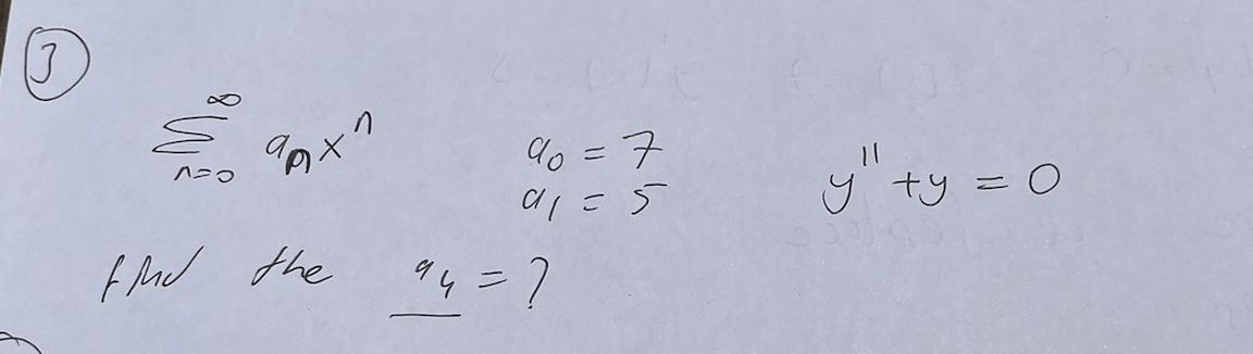 (3) \( \sum_{n=0}^{\infty} a_{n} x^{n} \quad \begin{array}{l}a_{0}=7 \\ a_{1}=5\end{array} \quad y^{\prime \prime}+y=0 \) far