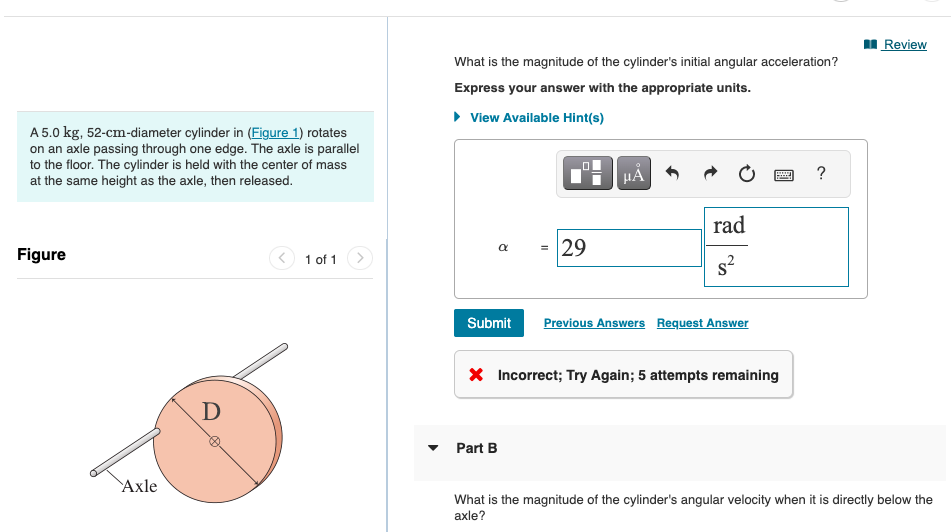 Solved What is the magnitude of the cylinder's initial | Chegg.com