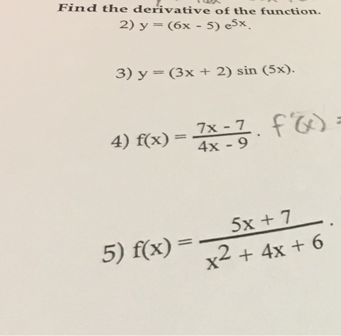 Solved Find The Derivative Of The Function Y 6x 5 E 5x