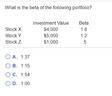 Solved What Is The Beta Of The Following Portfolio Stock Chegg Com