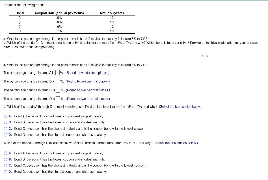 Solved Consider The Following Bonds: Bond A B с D Coupon | Chegg.com