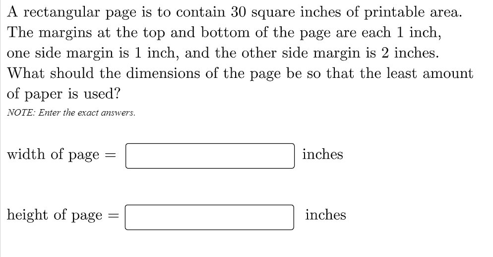 Solved A rectangular page is to contain 30 square inches of | Chegg.com