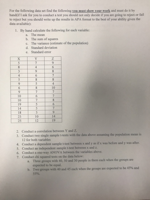 Solved For the following data set find the following you | Chegg.com