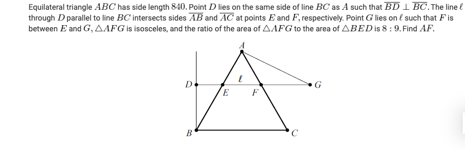 Solved Equilateral triangle ABC has side length 840. Point D | Chegg.com