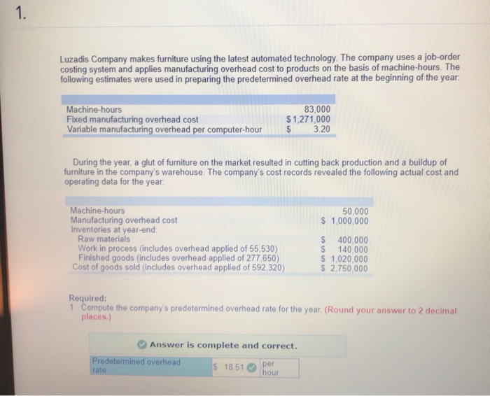 Solved 1. Luzadis Company makes furniture using the latest
