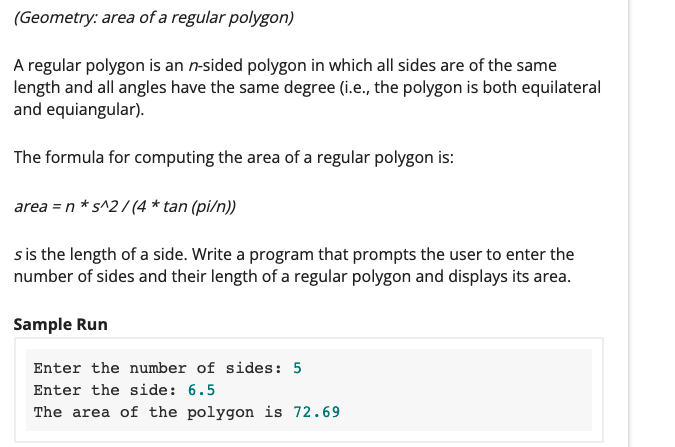 area of a regular polygon with n sides