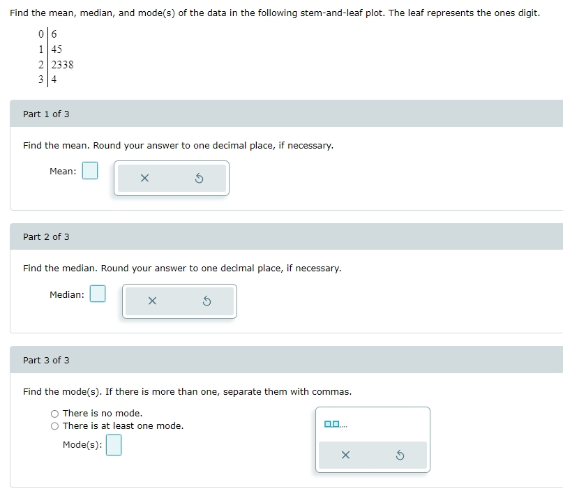 Solved Find the mean, median, and mode(s) of the data in the | Chegg.com