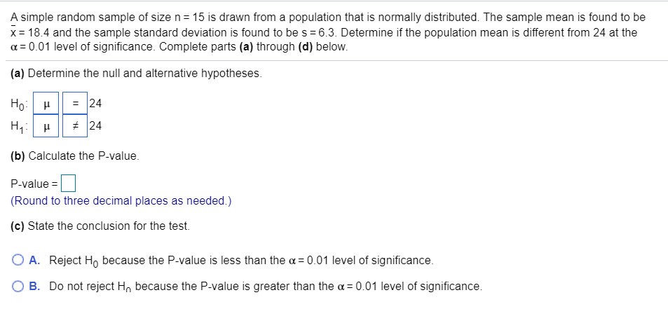 Solved A simple random sample of size n = 15 is drawn from a | Chegg.com