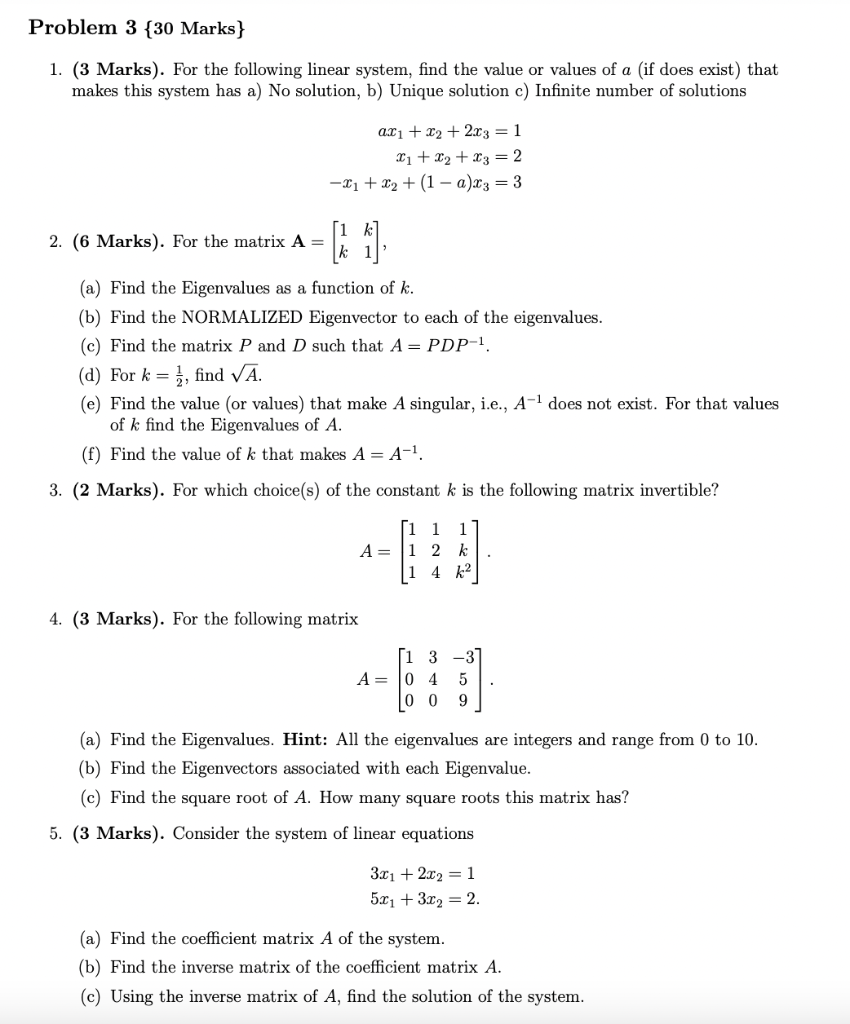 Solved Problem 3 {30 Marks} 1. (3 Marks). For the following | Chegg.com