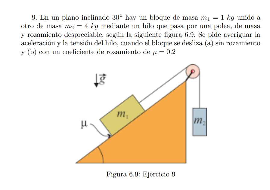 9. En un plano inclinado \( 30^{\circ} \) hay un bloque de masa \( m_{1}=1 \mathrm{~kg} \) unido a otro de masa \( m_{2}=4 \m