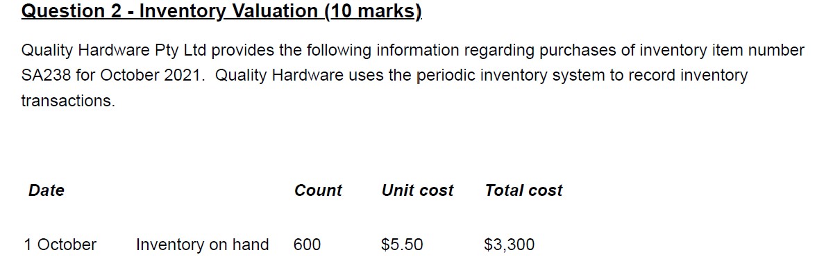 Solved Question 2 - Inventory Valuation (10 marks). Quality | Chegg.com