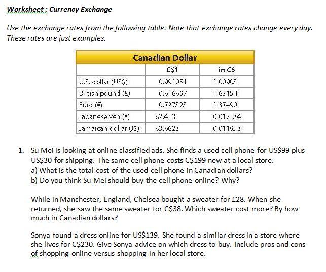 Solved Worksheet Currency Exchange Use the exchange rates