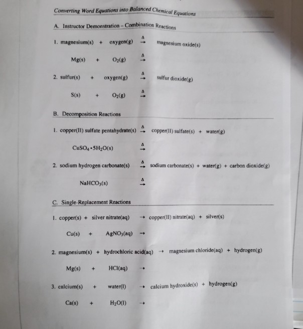Solved Converting Word Equations into Balanced Chemical | Chegg.com