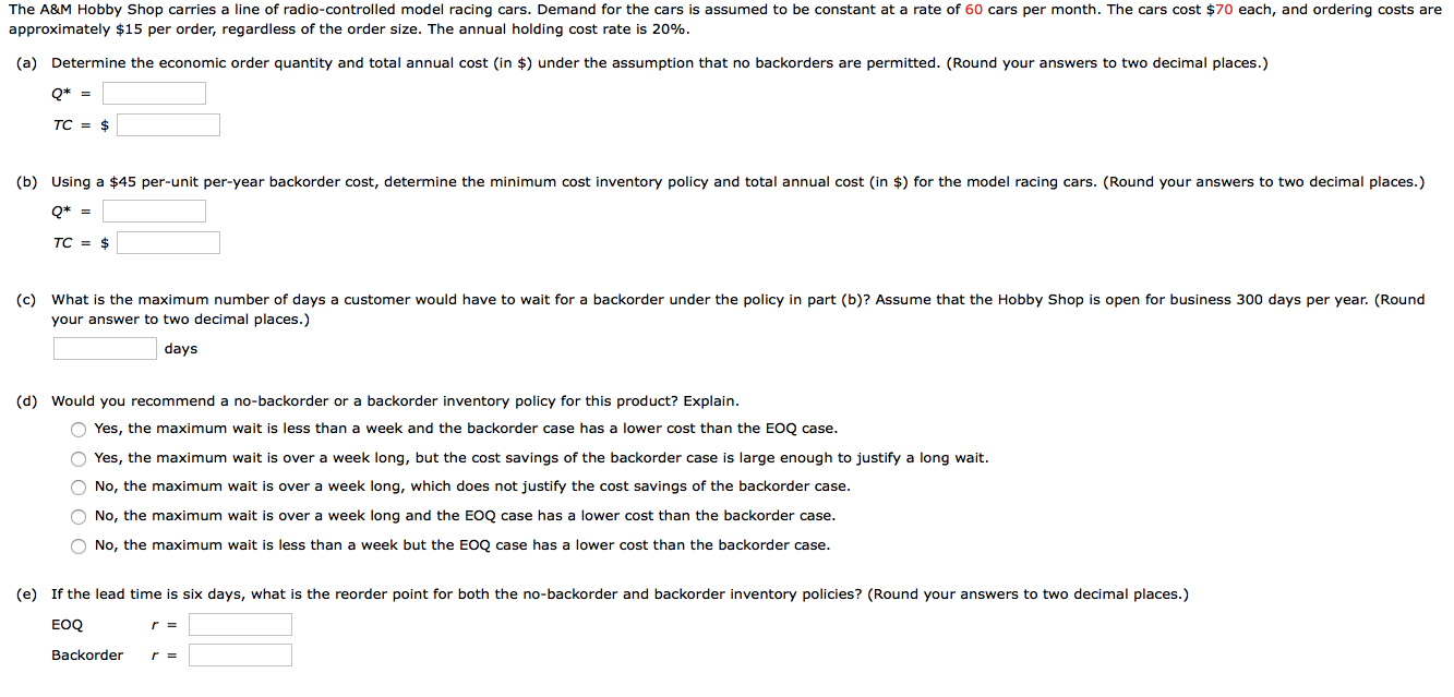 Solved The A&M Hobby Shop carries a line of radiocontrolled