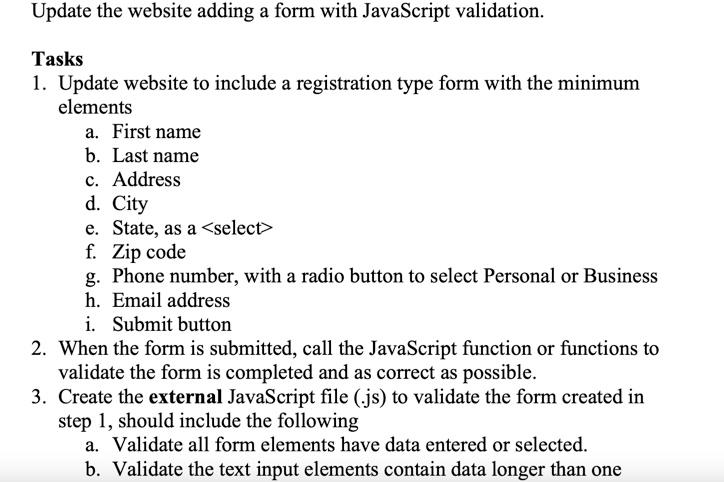 Solved Update the website adding a form with JavaScript | Chegg.com