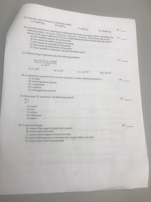 Solved CHEMISTRY 1171 QuIz 1 NAME Multiple Choice credit