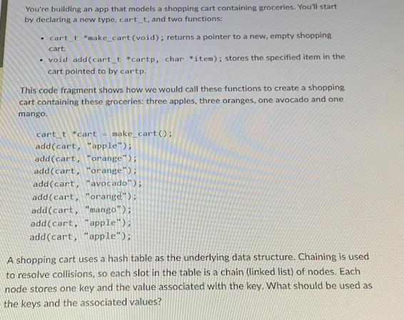 Solved You're building an app that models a shopping cart | Chegg.com