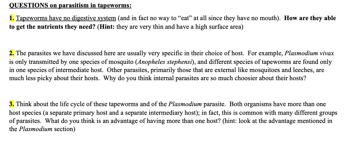 Solved QUESTIONS on parasitism in tapeworms 1. Tapeworms