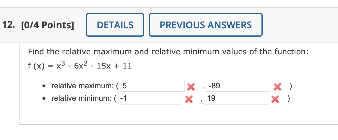 how to find the relative maximum and minimum of a cubic function