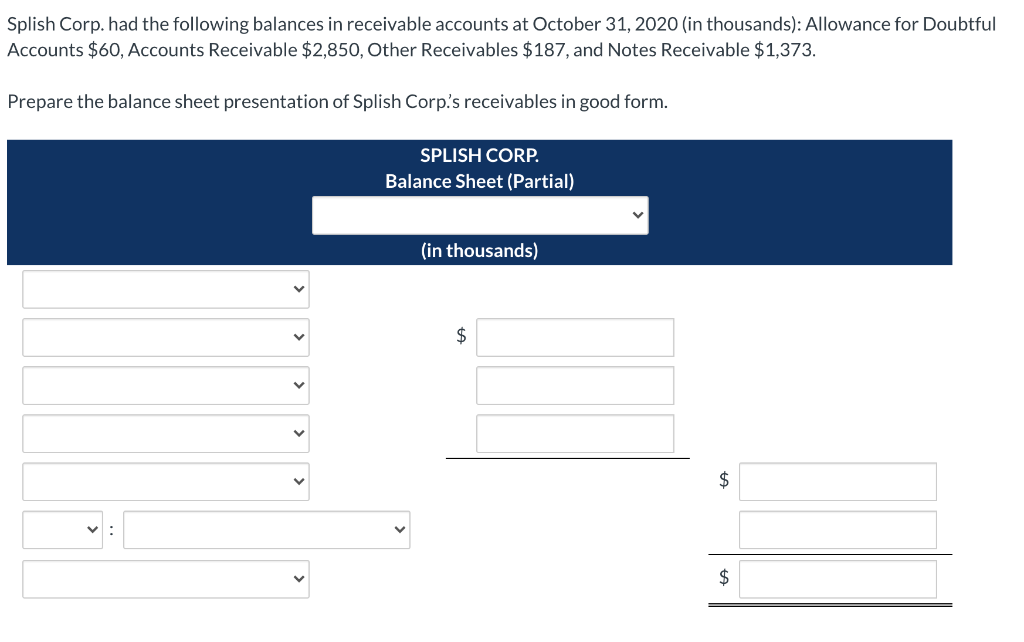Solved Splish Corp. had the following balances in receivable | Chegg.com