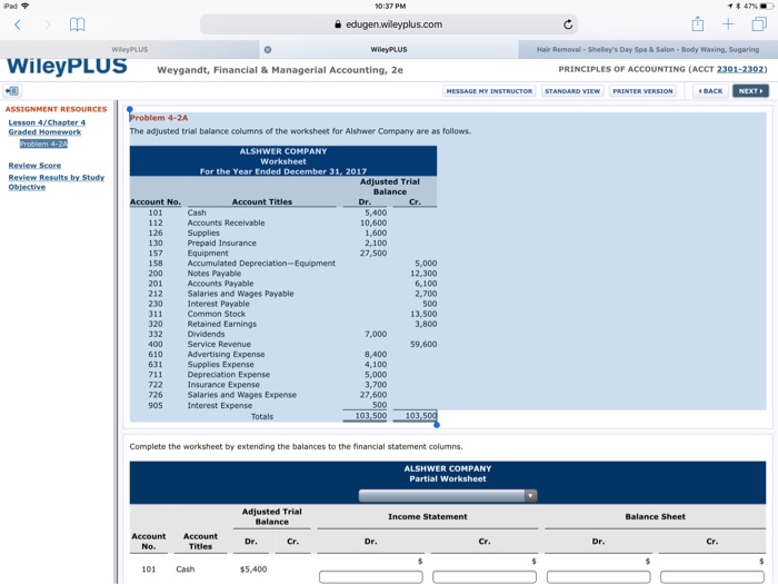 Solved Problem 4-2AThe adjusted trial balance columns of the | Chegg.com