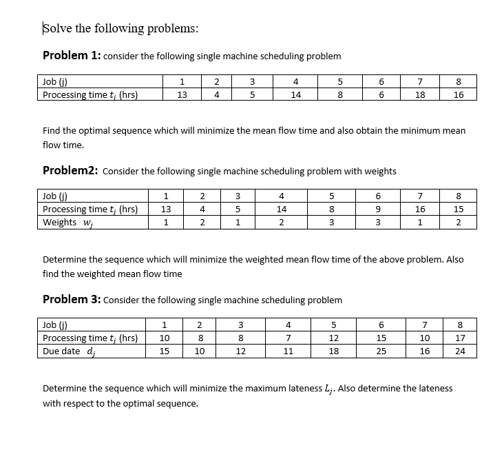 Jobs A, B, C, and D must be processed through the same machine center.  Sequence the following jobs by (a) SPT and (b) SLACK. Calculate mean flow  time, mean tardiness, and maximum