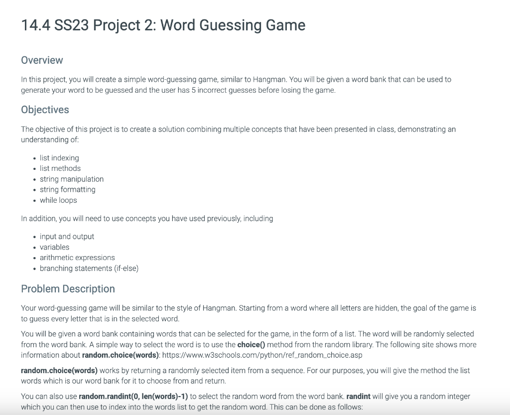 14.4 SS23 Project 2: Word Guessing Game Overview In | Chegg.com