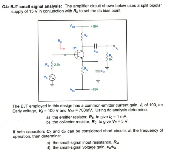 Solved Q4: BJT small signal analysis: The amplifier circuit | Chegg.com