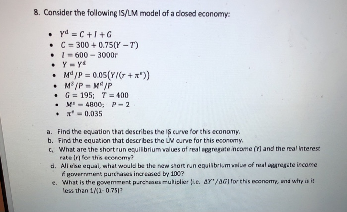 Solved 8. Consider the following IS LM model of a closed Chegg