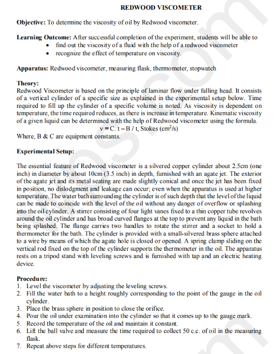 redwood viscometer experiment kinematic viscosity