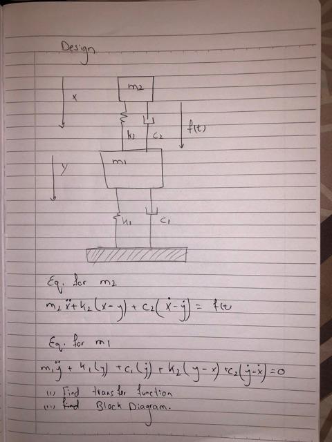 Eq. lor \( m_{2} \) \( m_{2} \ddot{x}+k_{12}(x-y)+c_{2}(\dot{x}-\dot{y})=f(t \) Eq. for \( m_{1} \) \[ m_{1} \ddot{y}+k_{1}(y