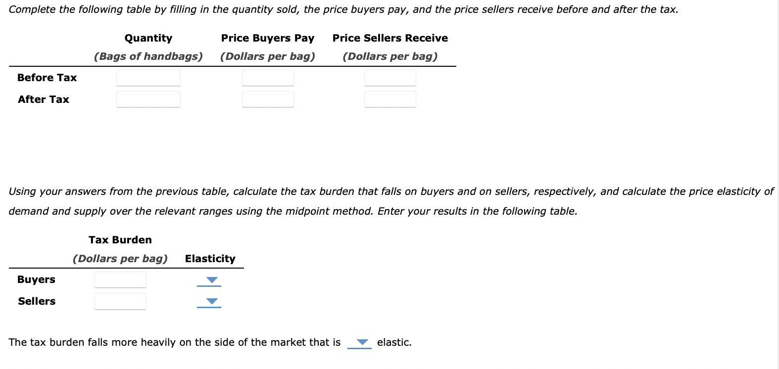 Using your answers from the previous table, calculate the tax burden that falls on buyers and on sellers, respectively, and c